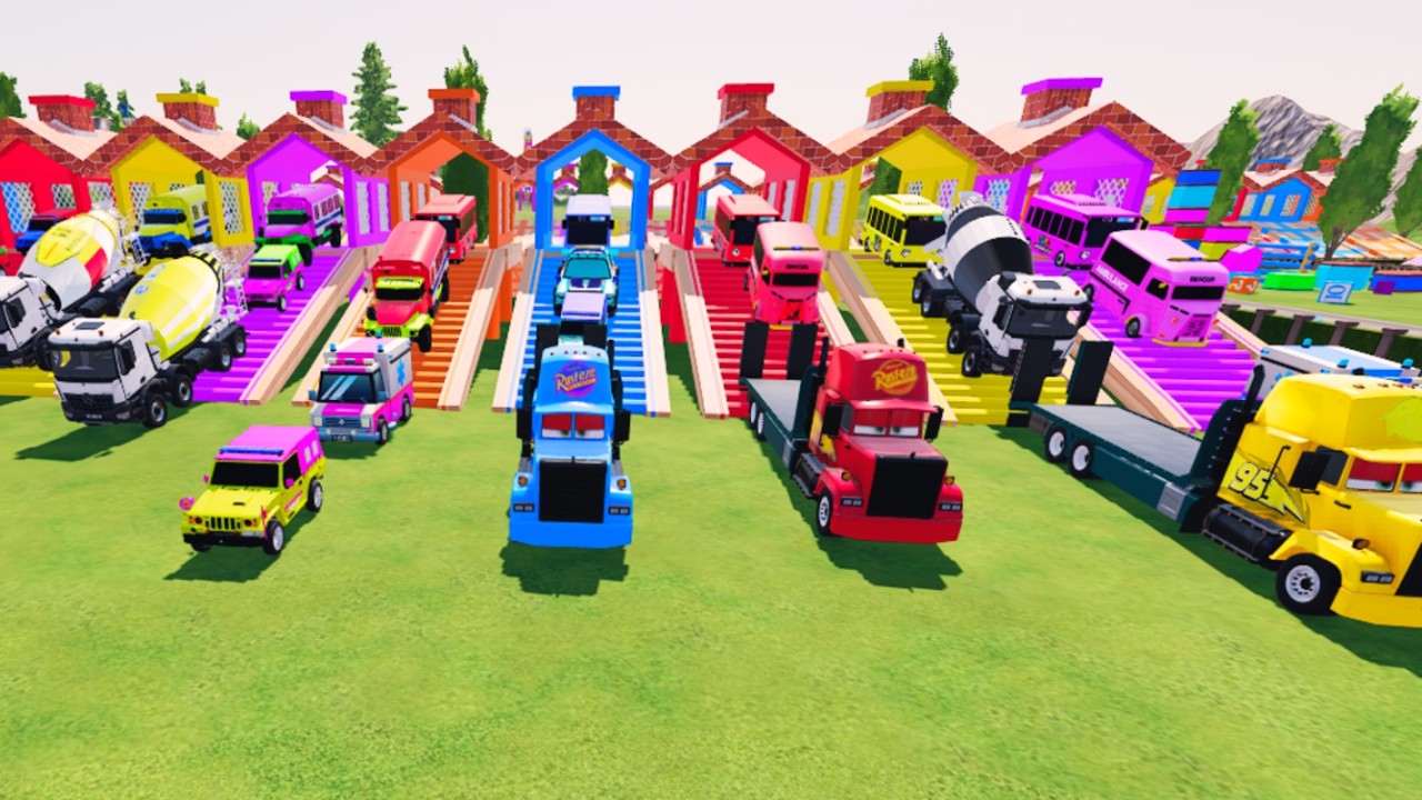 TRANSPORTING ALL POLICE CARS, AMBULANCE, BUS TAYO, FIRE TRUCK OF COLORS! WITH TRUCKS! - FS 22