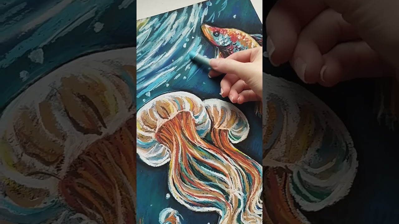 ロシア クラゲは素晴らしい魚の絵です 油絵 パステル画 自然画