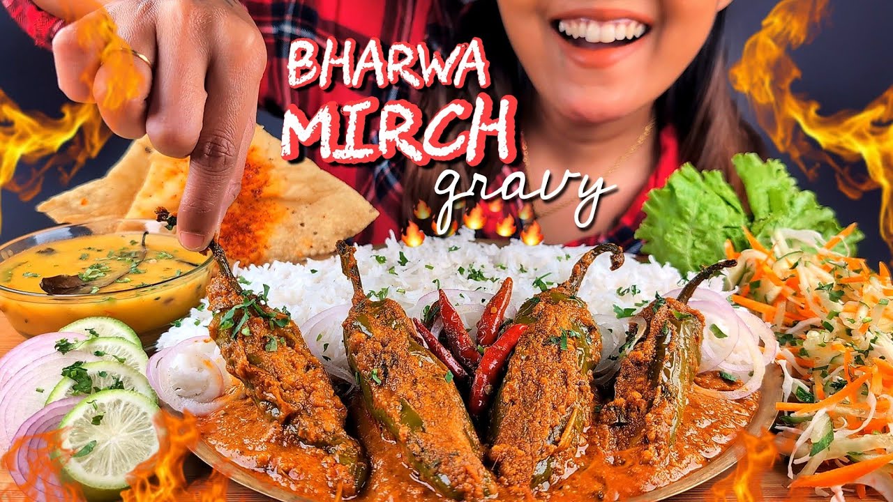 COOKING & EATING CHANA DAL STUFFED BHARWA MIRCH GRAVY WITH DAL, CHAWAL & SPICY CHILLI PICKLE MUKBANG