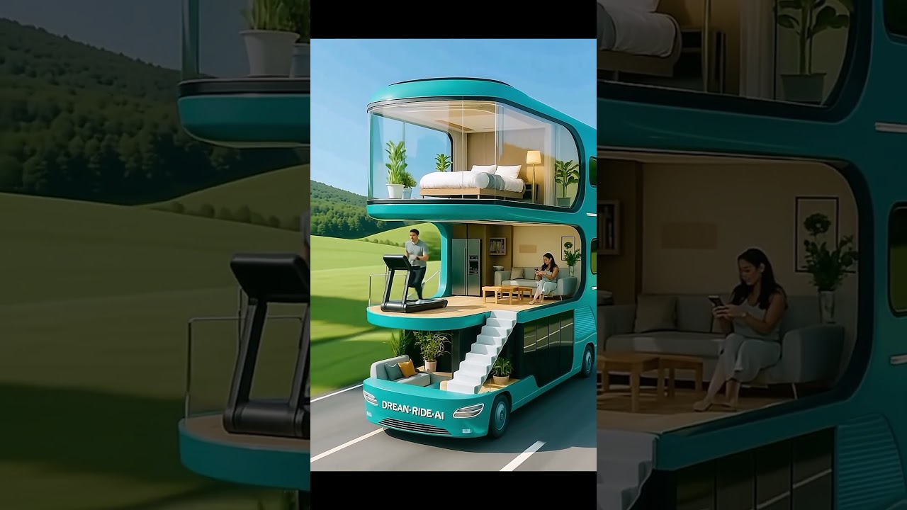 A Futuristic Turquoise Three-level RV Labeled ‘DREAM RIDE AI’ A Futuristic Turquoise Three-level RV Labeled ‘DREAM RIDE AI’