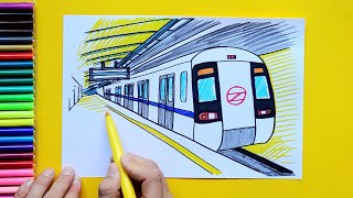 How to draw Delhi Metro Subway Train at Station