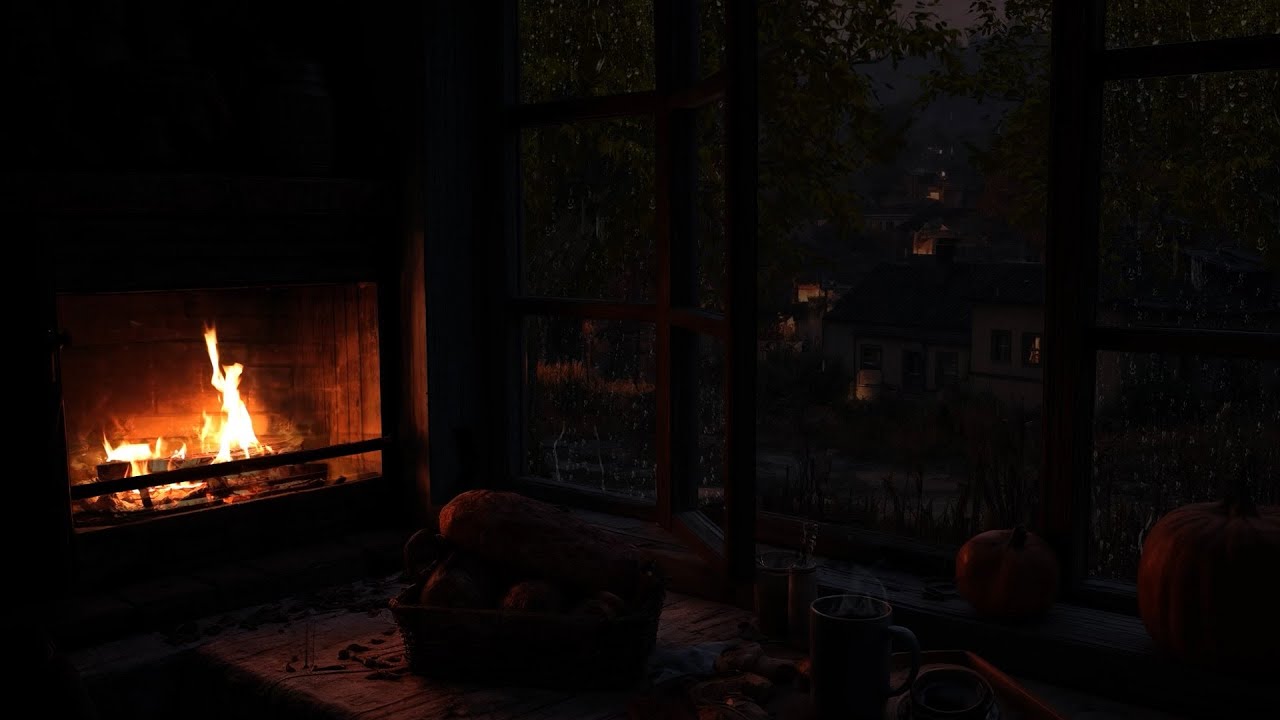 Falling Asleep in the Warm Spring Rain 🌧️Quiet Night Scene with Old Stone Fireplace,Candles & Coffee