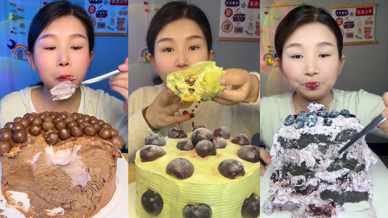 asmr mukbang - chocolate malt ball cake, matcha fruit cake, cookies and cream oreo cake eating sound