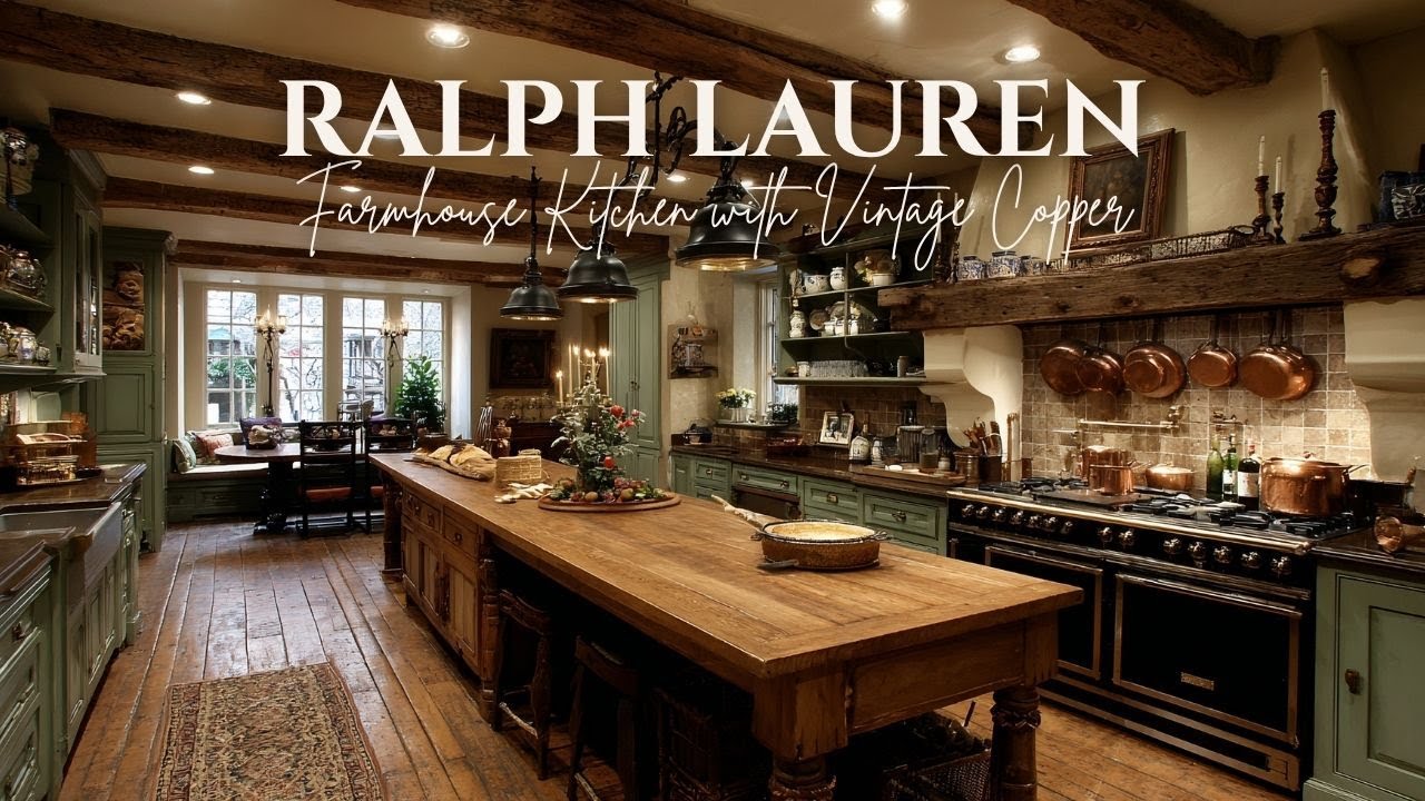 Кухня в фермерском стиле Ральфа Лорена с винтажной медью и классическим американским стилем