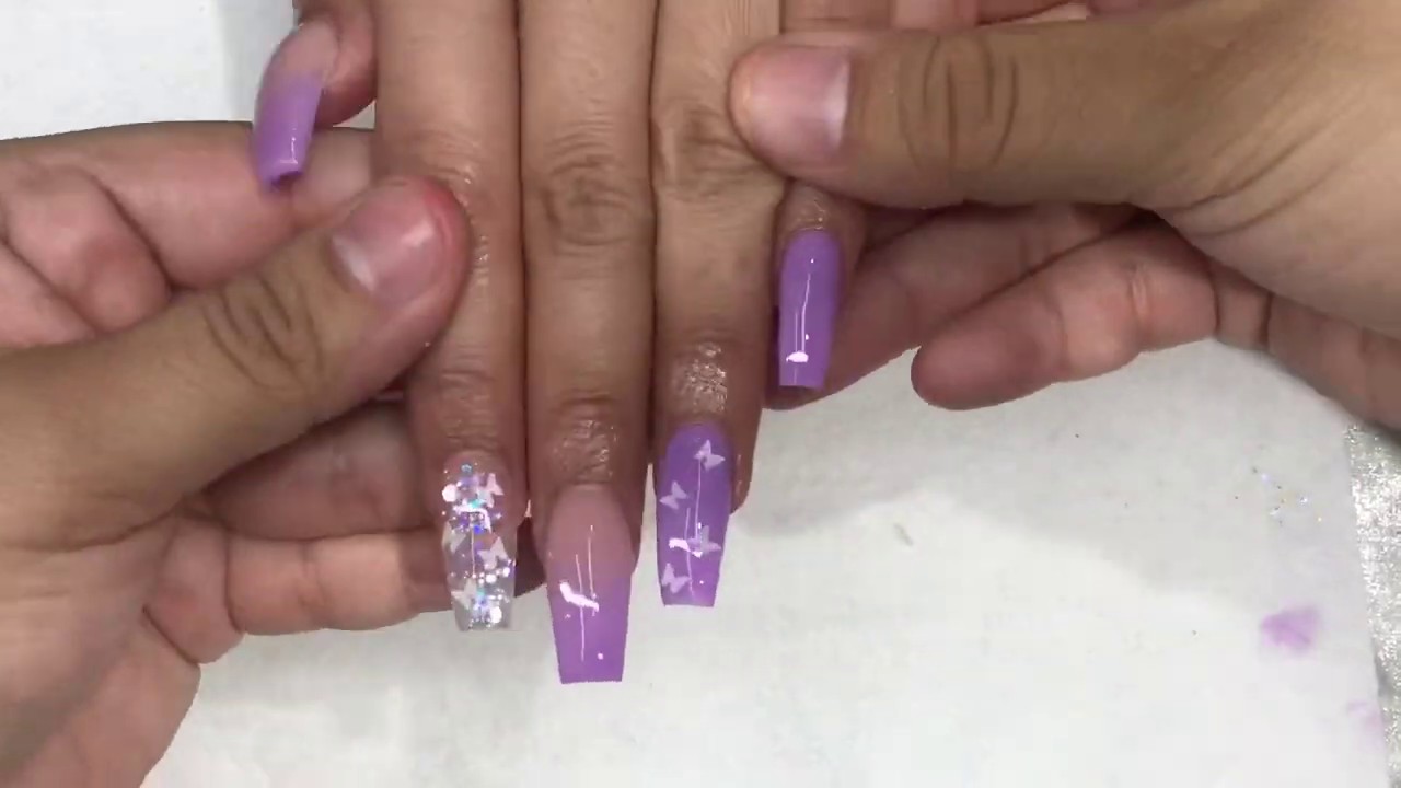 Uñas coffin de salon/ uñas ombre moradas con glitter/ luliznails - YouTube