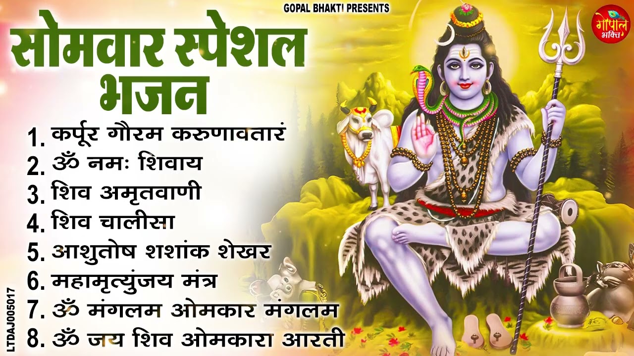सोमवार भक्ति भजन : कर्पूर गौरम करुणावतारं, ॐ नमः शिवाय, शिव अमृतवाणी, शिव चालीसा, शिव तांडव व आरती
