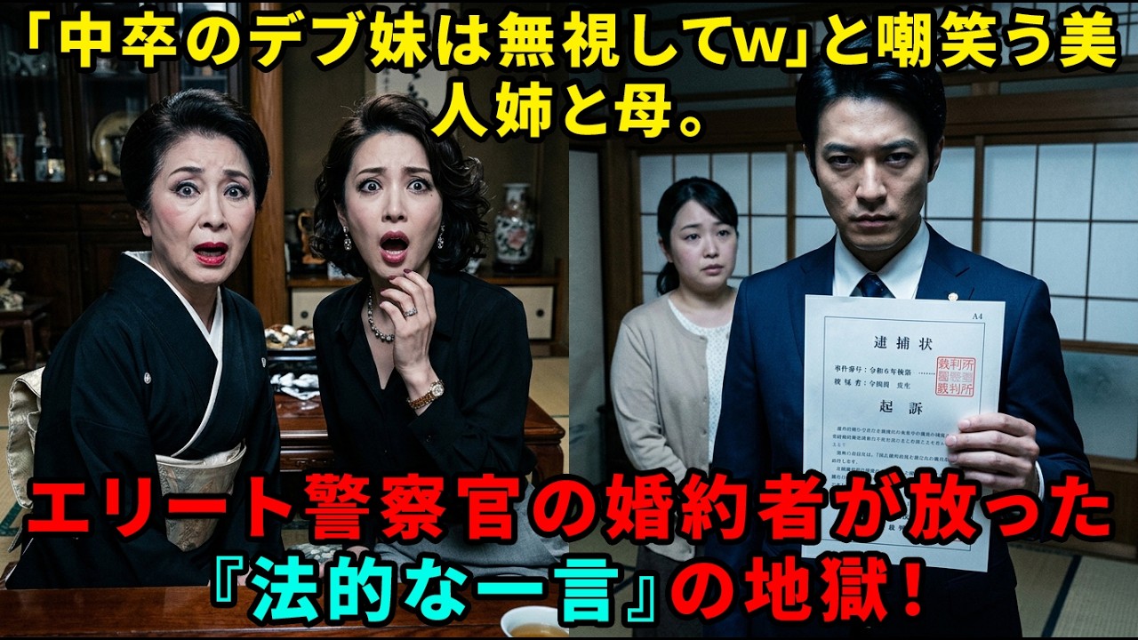 中卒で太っている私を見下す美人エリートの姉。「醜い妹は家族じゃないから無視してｗ」と同調する毒母。しかし、キャリア警察官の婚約者が放った『法的な一言』で顔面蒼白の修羅場に…