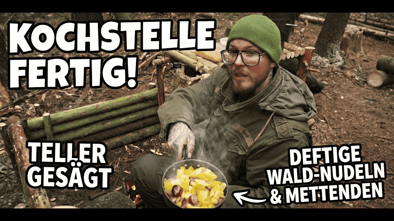 FINALE: Bushcraft-Küche ist fertig! 🌲Wir machen DiY Teller & kochen deftige Wald-Nudeln.