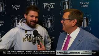 Tomas Hertl speaks with E.J. Hradek ahead of Game 1 of the Stanley Cup Final