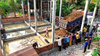 Start A New Complete Foundation House Project!! By 5 Ton Truck Dumping Soil &amp;Skill Bulldozer Pushing