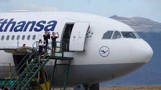 Despegue de Ushuaia de Airbus A340-600 de Lufthansa rumbo Frankfurt (FRA) vía Ezeiza (EZE)