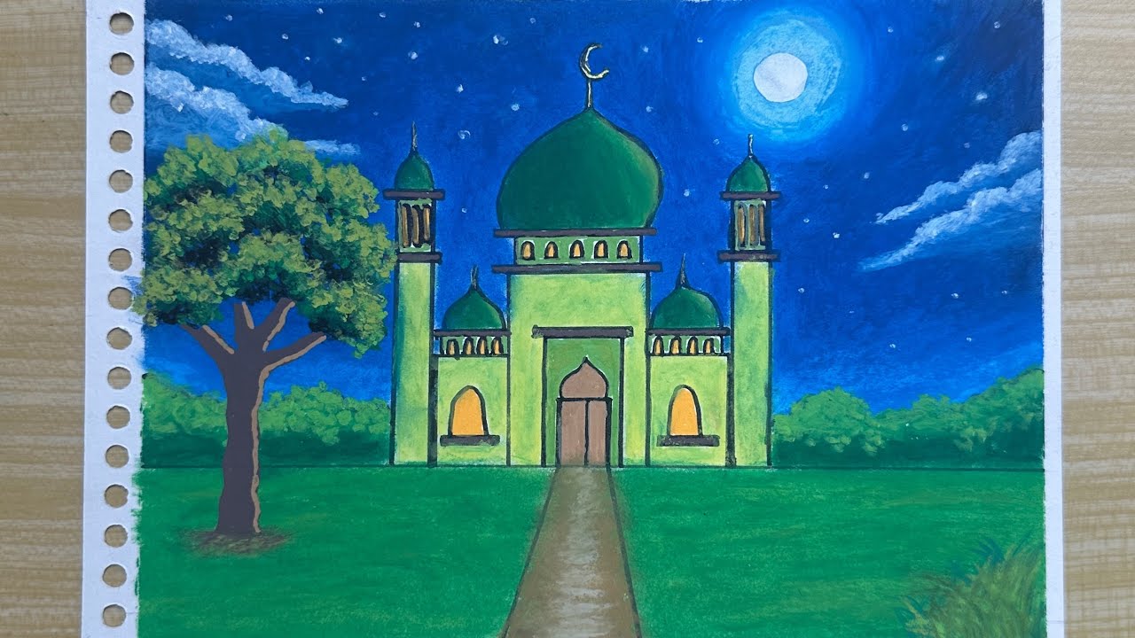 Cara menggambar pemandangan masjid indah dan mudah | easy drawing