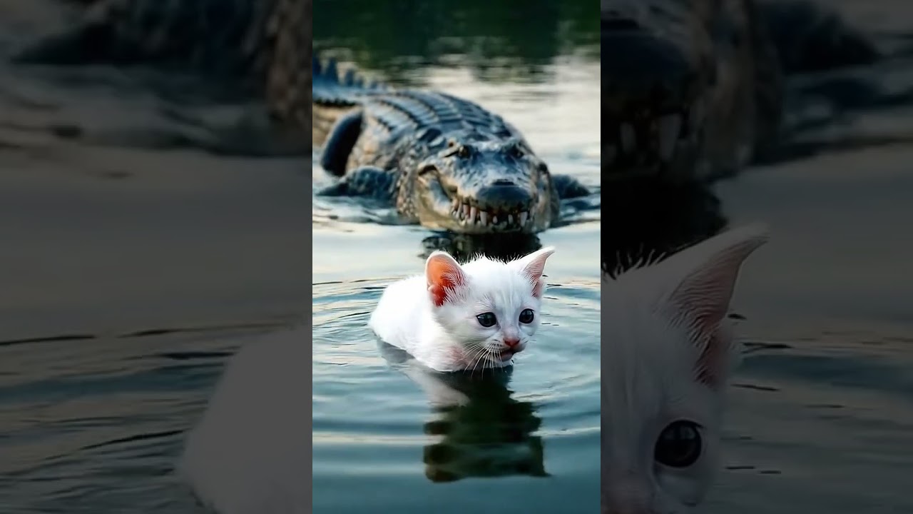 Shocking Moment: White Kitten Struggles to Stay Afloat as Crocodile Closes In