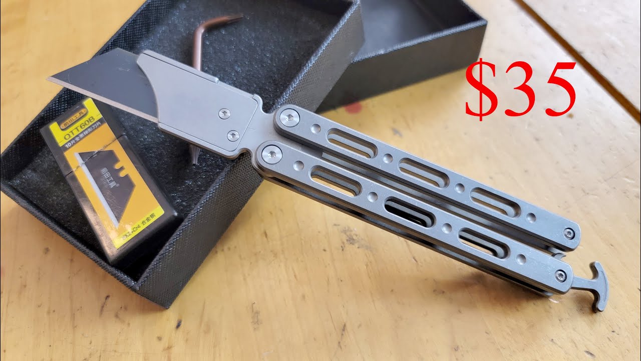 Titanium Utility Knife Butterfly Knife Unboxing & Review. $35 Titanium  Balisong Box Cutter 