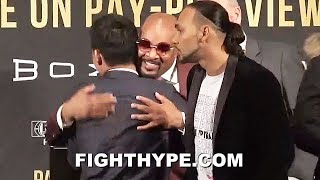 MAYWEATHER CEO GIVES PACQUIAO A BIG HUG IN FRONT OF KEITH THURMAN
