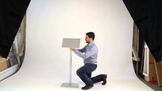 Menu Stand with Rotating and Tilted Sign Frame Floor Sign Holder Display Stand with Straight Post. Sign Frame can rotate portrait or landscape with an easy to adjust knob on the