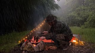 Bushcraft trip - Solo CAMPING in RAIN ( relaxing in the cosy shelter | ASMR