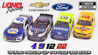 Opening 4 NASCAR Cup 1/64 Scale Cars By Lionel Racing Review | Elliott, Harvick, Logano & Blaney