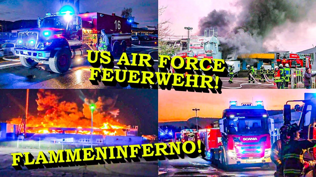 +++ FLAMMENINFERNO ZERSTÖRT LAGERHALLE VON WÄSCHEREI +++ US AIR FORCE FEUERWEHR | GROSSBRAND