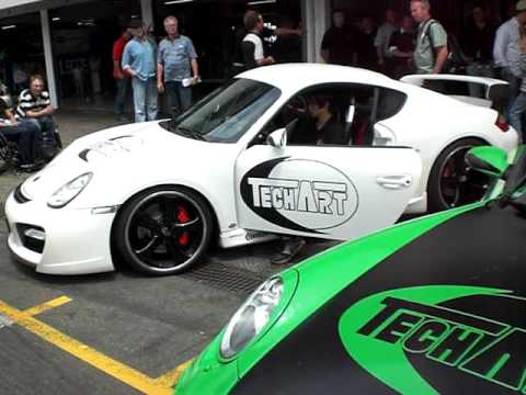 The TechArt GT Sport tests the sound of his engine at the Tuner Grand Prix 2009 at the Hockenheim racetrack. The TechArt GT Sport is based on the Porsche Cayman S (987). For more information visit the TechArt homepage: www.techart.de Sponsored by www.batterieexpress.de