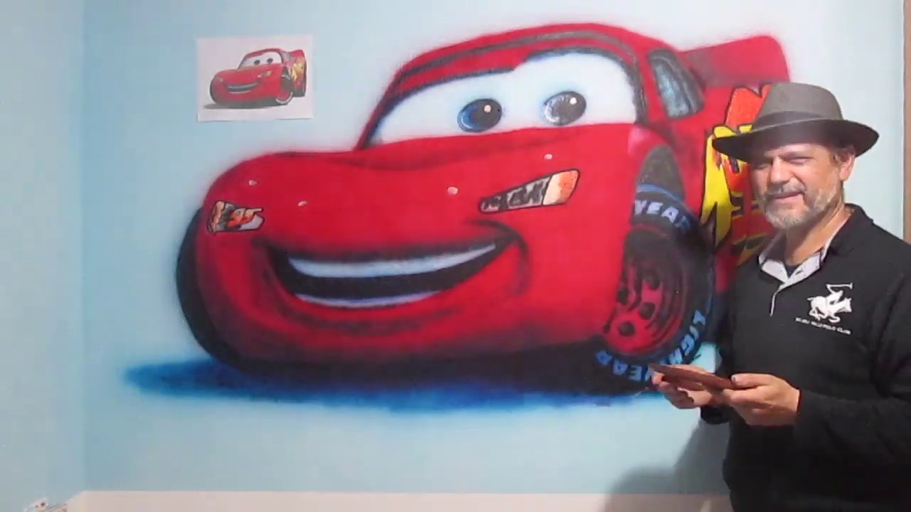 como dibujar un mural * paso a paso de Cars con airbrush (aerografo)  איך לצייר * ציור קיר איירבראש