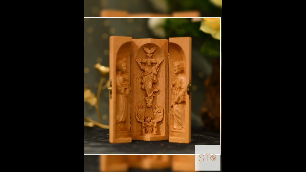 Home Portable Altar Table Catholic Triptych Art Wood Carving Catholic Collectibles Religious Trip...