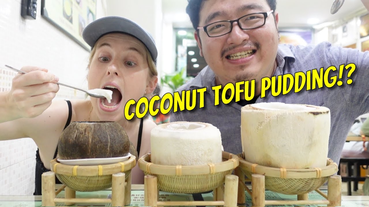The BEST dessert OF MY LIFE Coconut tofu pudding served in a coconut