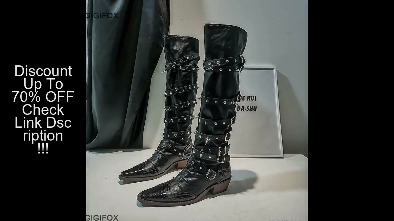 GIGIFOX Biker Boots For Women Buckle Knee High Boots Pointed Toe Punk Motorcycle Goth Fashion Boots