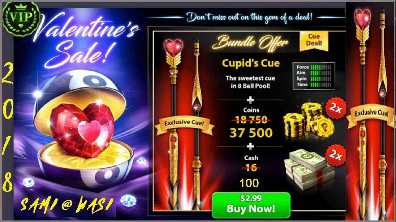 Valentine's Offer 8bp ll 100 dollars Cash + Powerful Cue + 37,000 Coins ll 8 ball pool