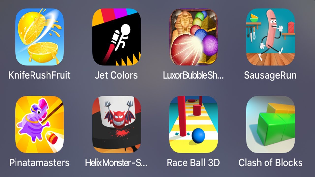 Knife Rush Fruit, Jet Colors, Luxor Bubble Shooter, Sausage Run, Clash
