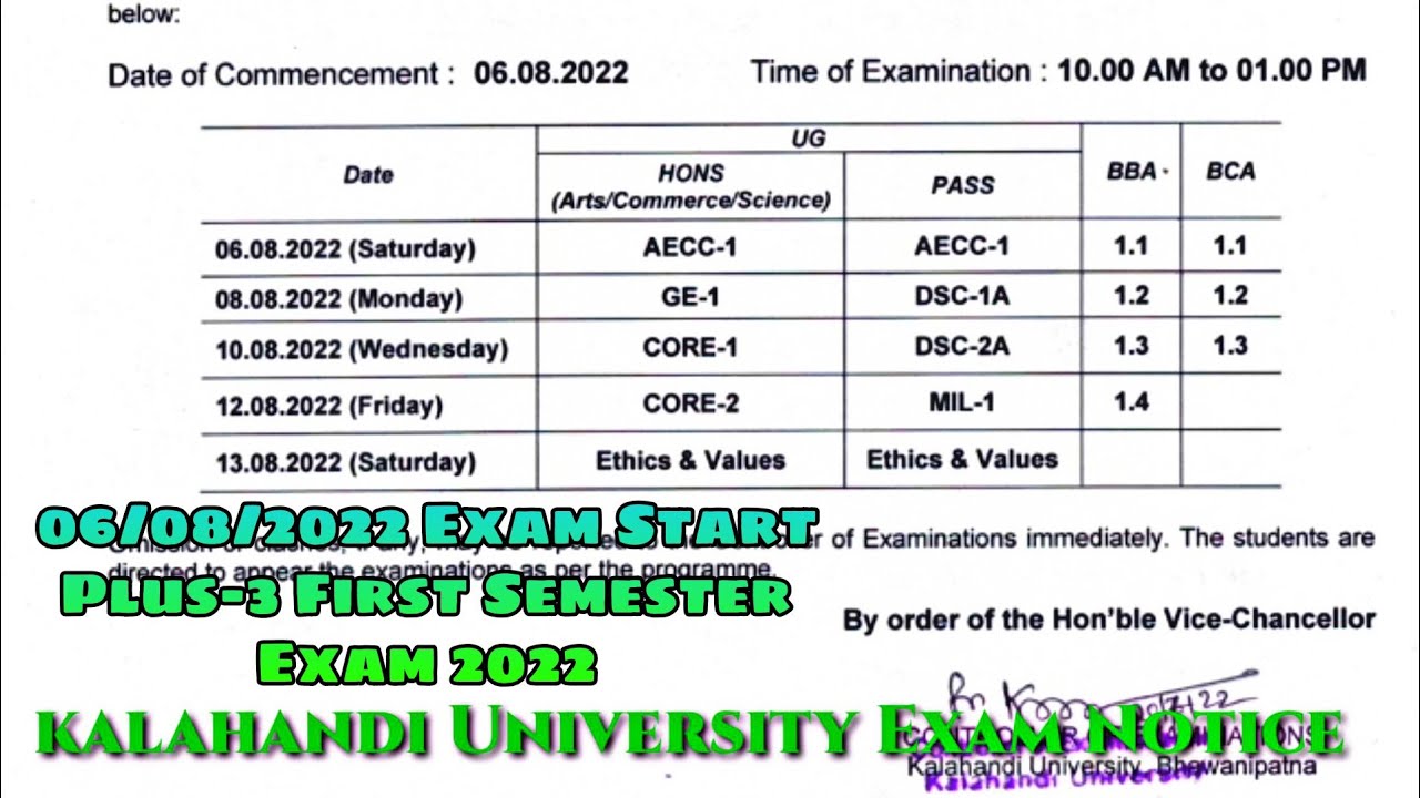 Kalahandi University Plus-3 First Semester Exam Notice 2022 || Start Date -06-08-2022