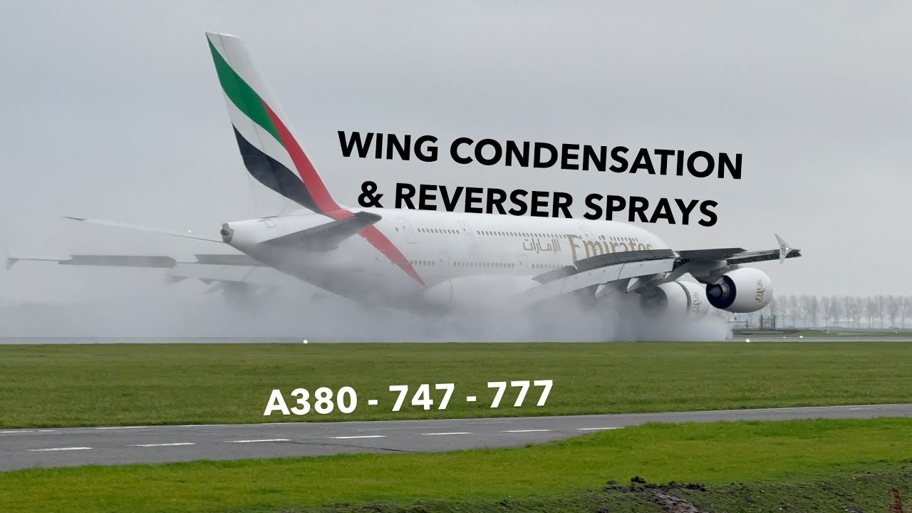 Heavy Jets with Huge Reverser Sprays! A380, 747 & 777 Landings With Crazy Condensation