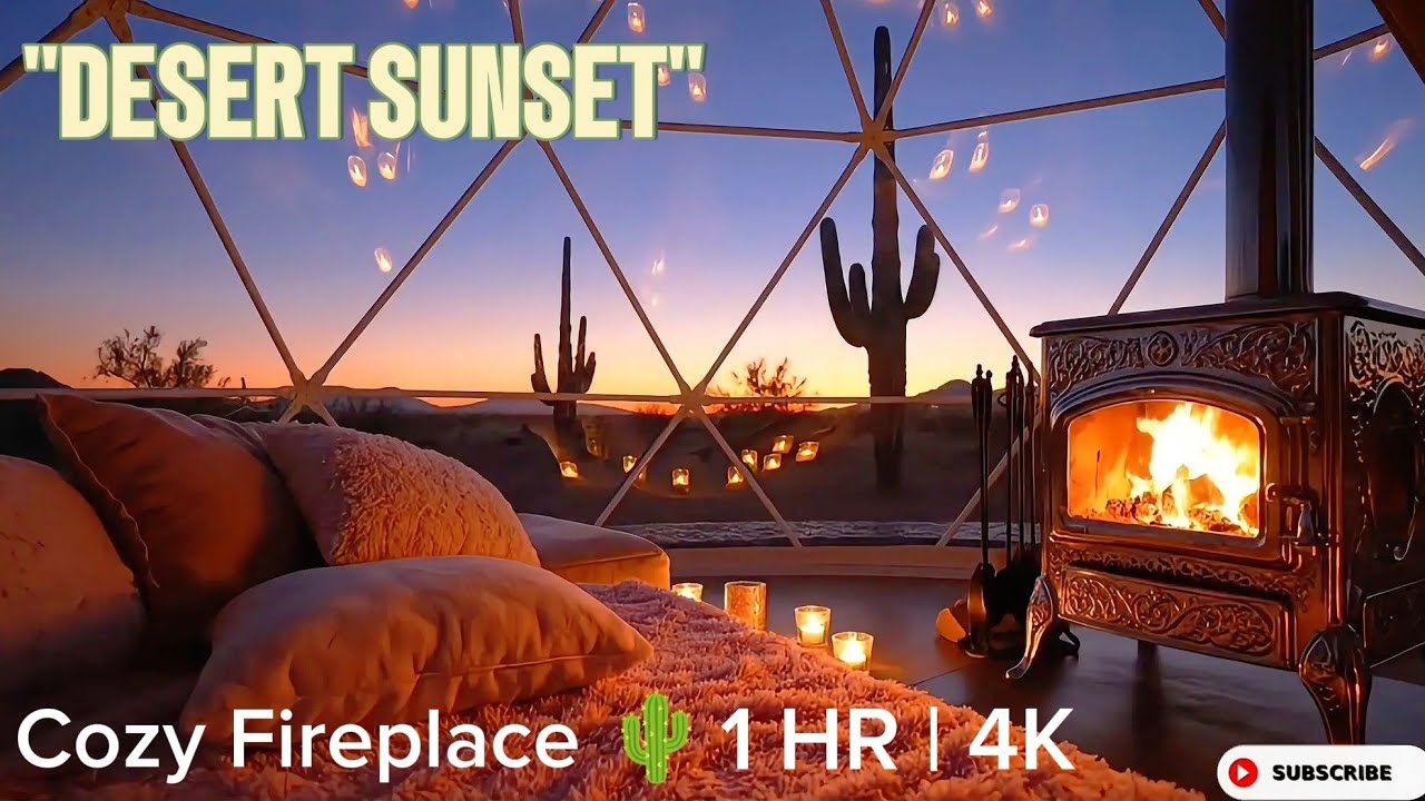 Desert Sunset with Cozy Fireplace 🌵 - 1 Hour Peaceful Desert Ambience for Sleep & Meditation 4K