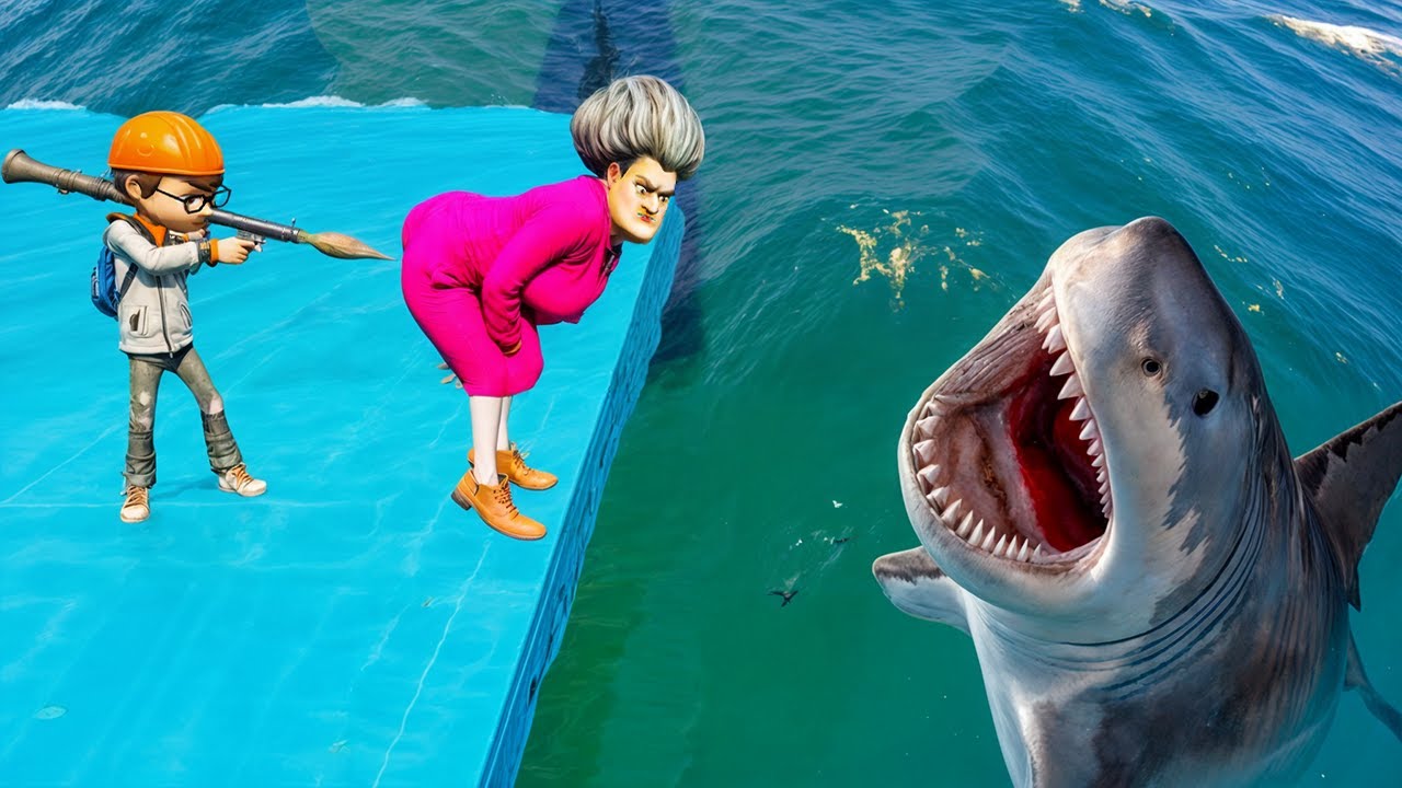 Scary Teacher 3d - Nick Revenge Mission. Shark Attack vs Blue Scary Teache - Game Animation