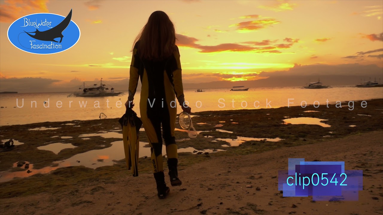 0542-Scuba girl walking into sunset. 4K Underwater Royalty Free Stock Footage.