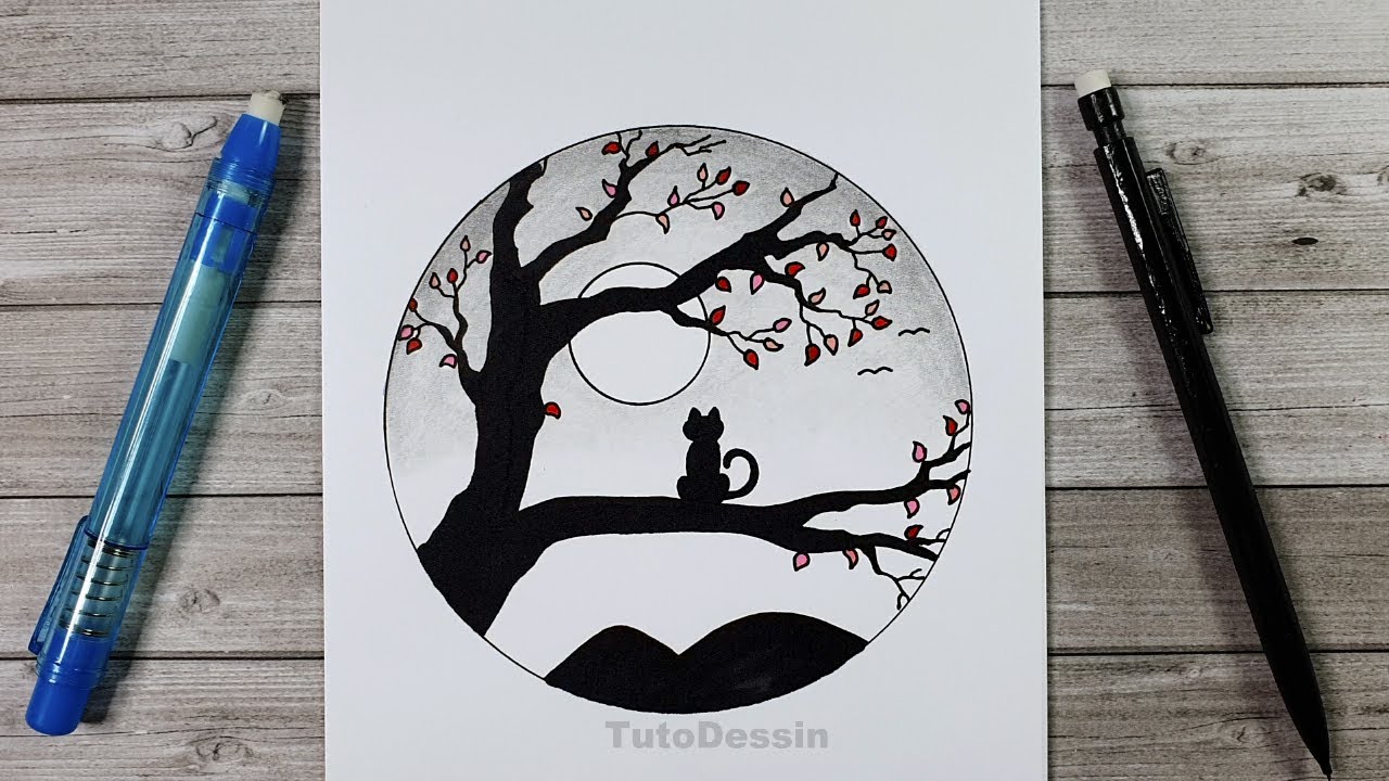 Comment dessiner un chat perché dans un arbre de nuit | Dessin facile | Dessin pour débutants