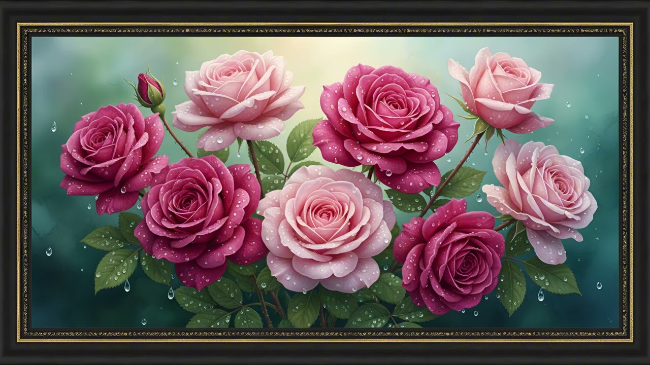 Elegant Pink Rose Painting | Luxury Floral Art in Classic Frame | Relaxing Wall Decor | Art for TV