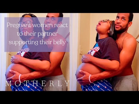 Pregnant women react to their partner supporting their belly