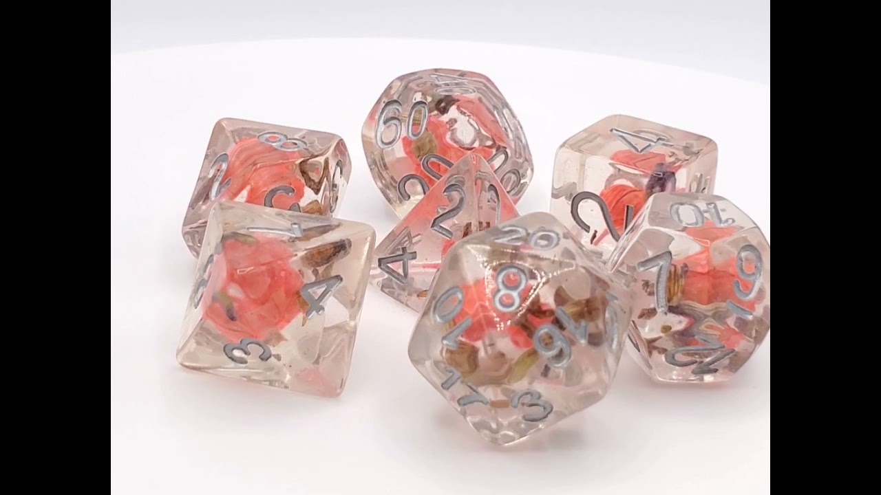 Old School 7 Piece DnD RPG Dice Set: Infused - Orange Flower