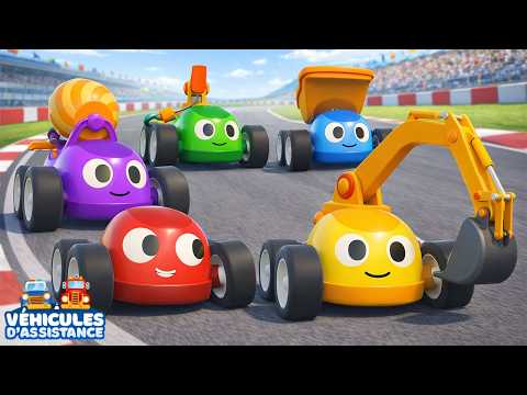 Une course de voitures et un pont à construire. Dessins animés avec les Véhicules d’Assistance
