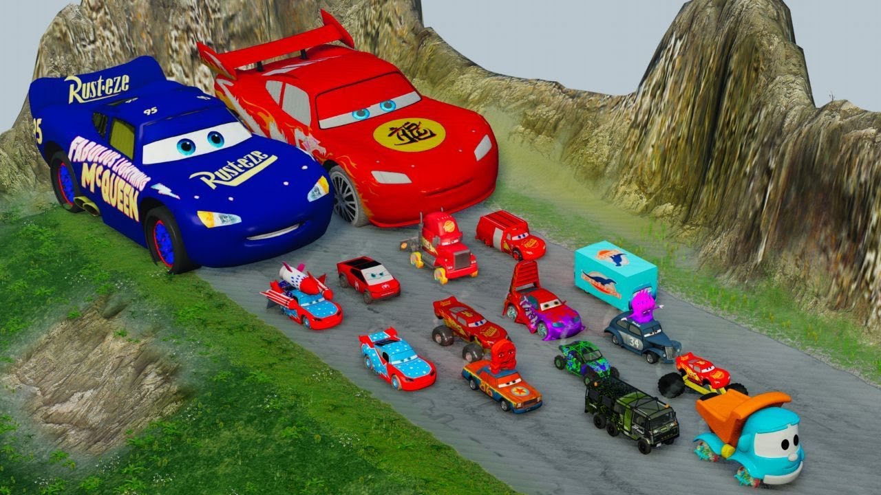 Big & Small Blue McQueen Vs Yellowe McQueen Cars Vs Thomas Train The Tank Engine Cars_Beamng.drive