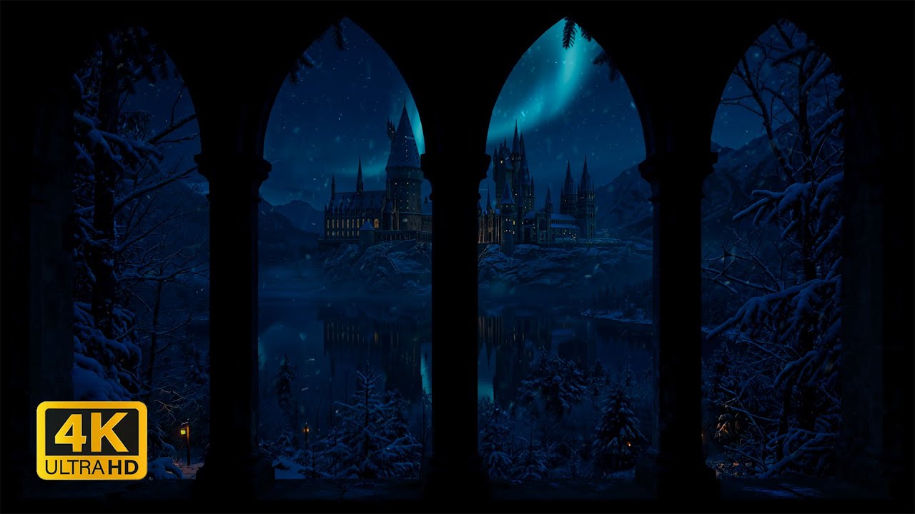 4K Snowy Winter Window View of Hogwarts 🏰❄️ Snowstorm, Blizzard Sounds & Harry Potter Ambience