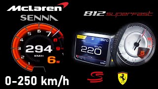 800 HP McLaren Senna vs Ferrari 812 Superfast Acceleration Sound 0-100 & 0-250 km/h