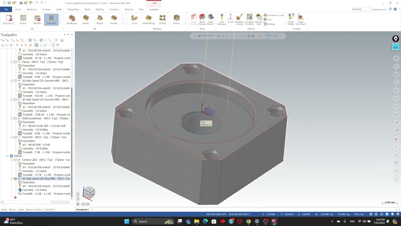 กัดงานToolpaths 2D โดย  Mastercam CAM 1.3 FINISHIHG กัดงานโดย Mastercam