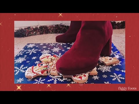 🎅🎄 gingerbread man trample - burgundy boots crushing this little cookie under my heel - asmr