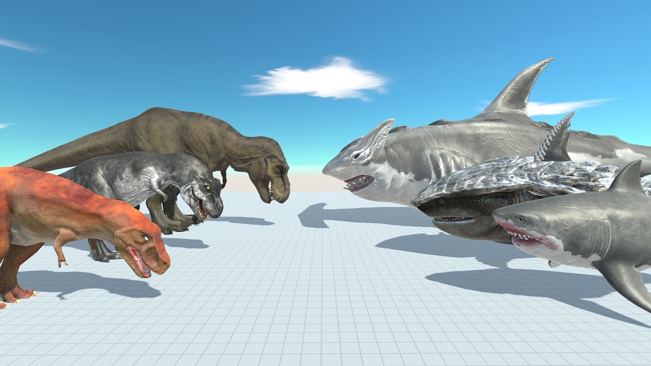 Dinosaur Battle T Rex Family VS Megalodon Family in Animal Revolt Battle Simulator ARBS