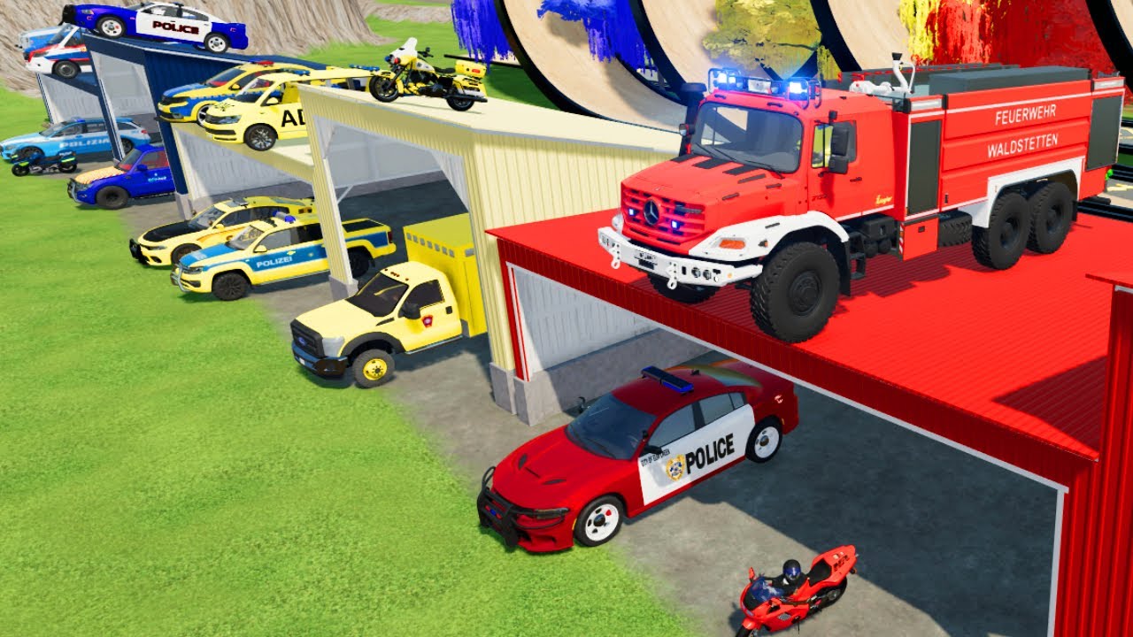 TRANSPORTING POLICE CARS, AMBULANCE, FIRE TRUCK, CARS OF COLORS! WITH TRUCKS! - FARMING SIMULATOR 22