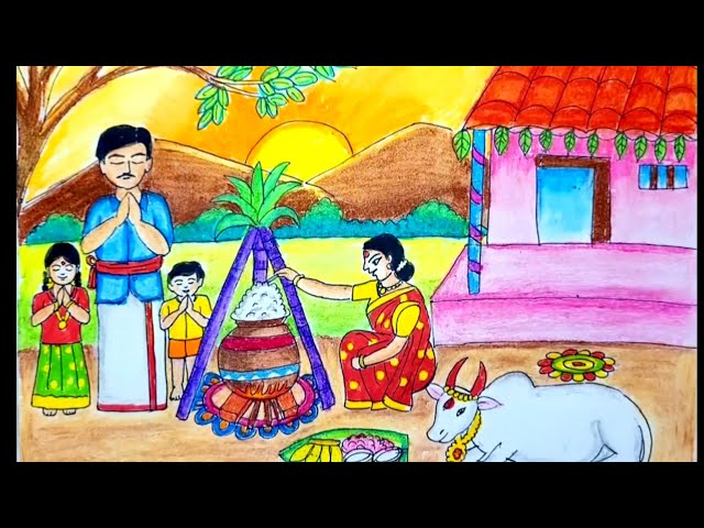 Easy Pongal Festival Drawing Competition for School Students | Pongal  Landscape Drawing - YouTube