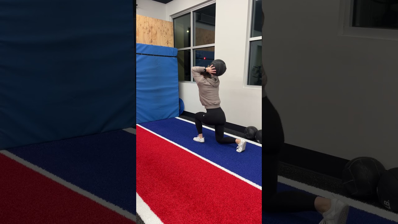 Half Kneeling Step Back with Overhead Med Ball Throw (Credit: Greg Rose)