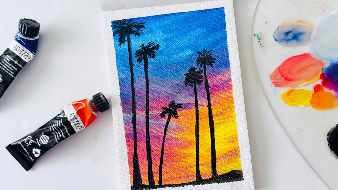 Easy and Simple Sunset Palm Trees Painting for Beginners | Step by Step Tutorial
